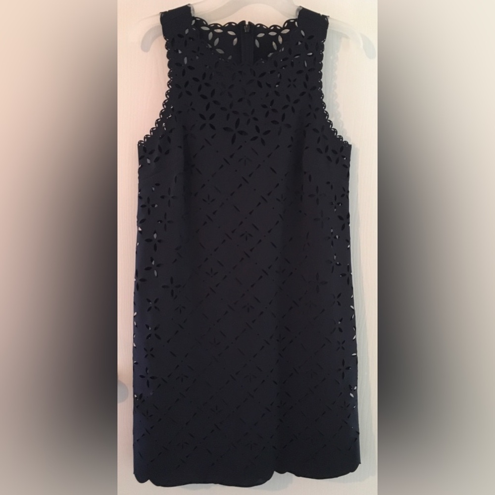 J Crew Sz 8 Sleeveless Navy Blue Laser-Cut Shift Dress with separate Slip NWOT